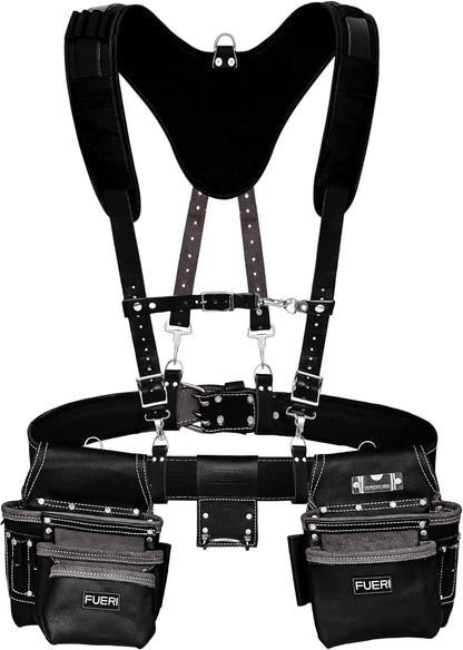 Rear view of black padded Y-back suspenders with foam padding for FUERI tool belt