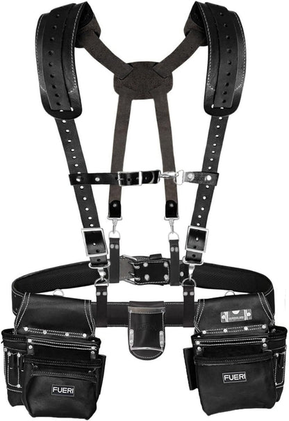 17 Pocket Full-Grain Leather Tool Belt with Padded Suspenders for Carpenters, Electricians & Framers