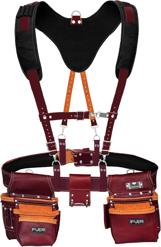 FUERI 17-pocket maroon full-grain leather tool belt with padded suspenders front view