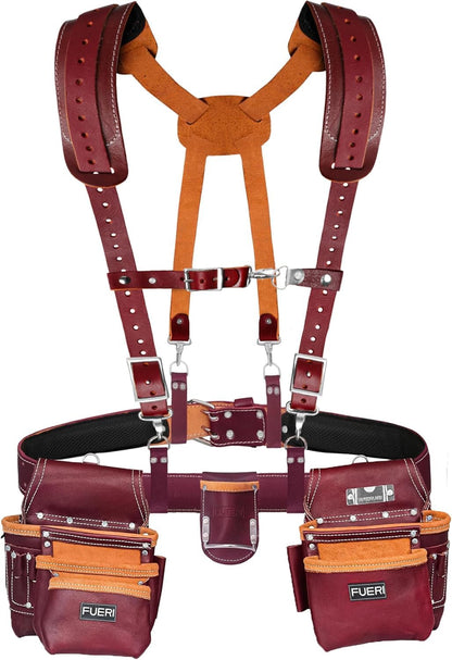 Maroon leather suspender front straps with stainless steel buckles and hooks