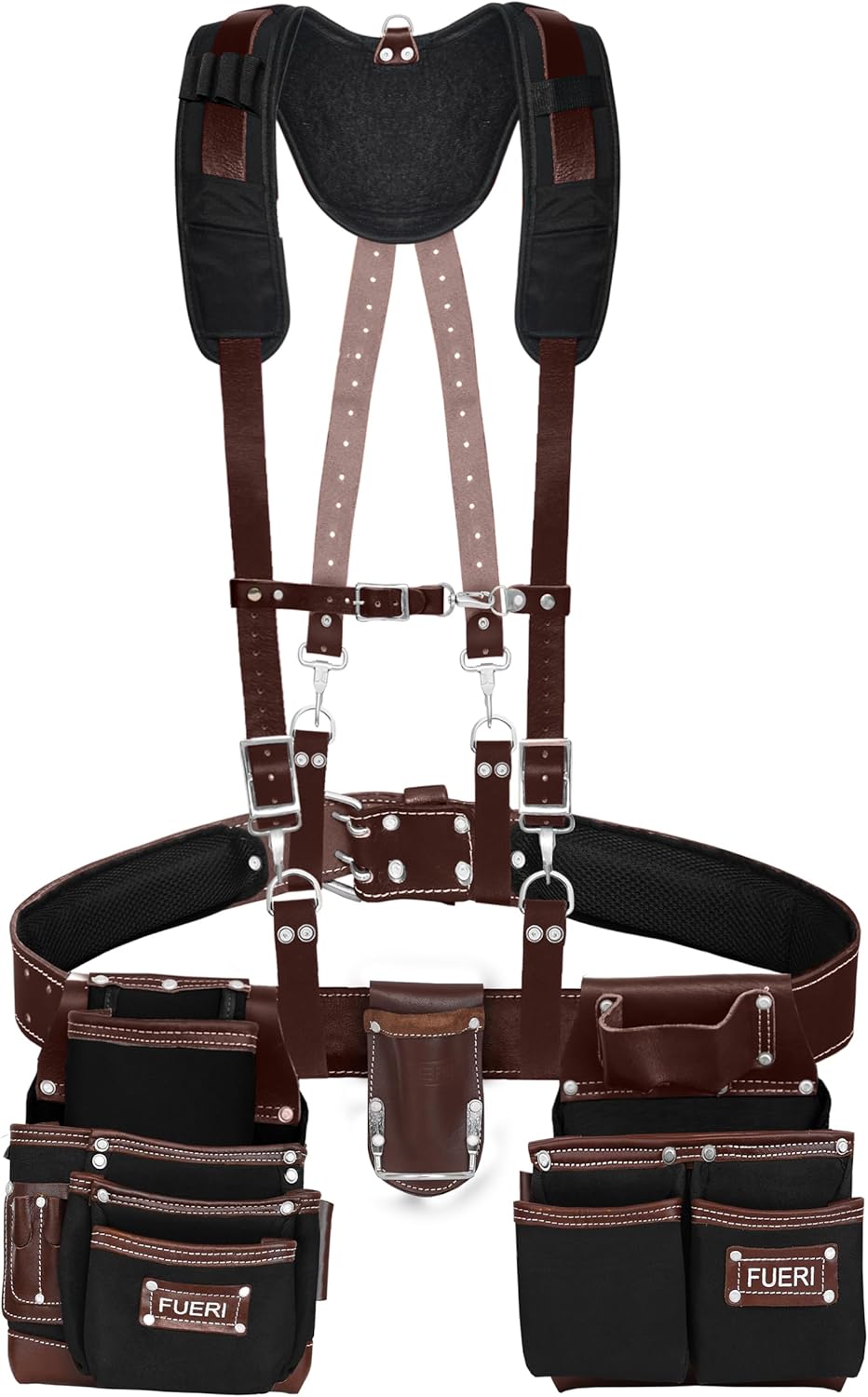19 Pocket Nylon and Leather Tool Belt with Padded Suspenders for Carpenters,  Electricians, Framers & Construction Pros
