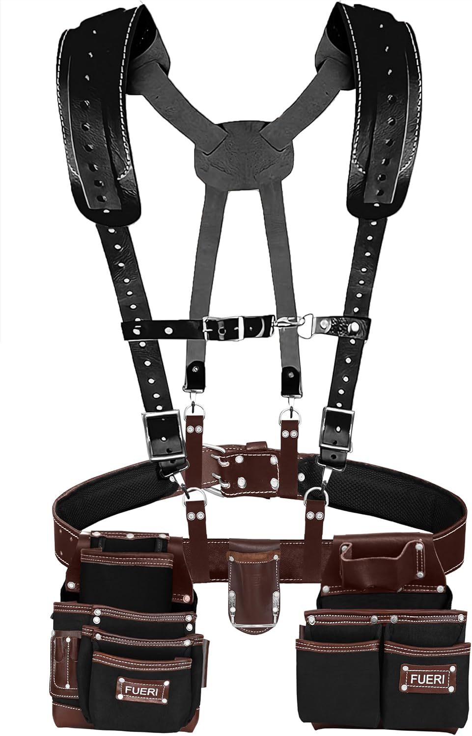19 Pocket Nylon and Leather Tool Belt with Padded Suspenders for Carpenters,  Electricians, Framers & Construction Pros