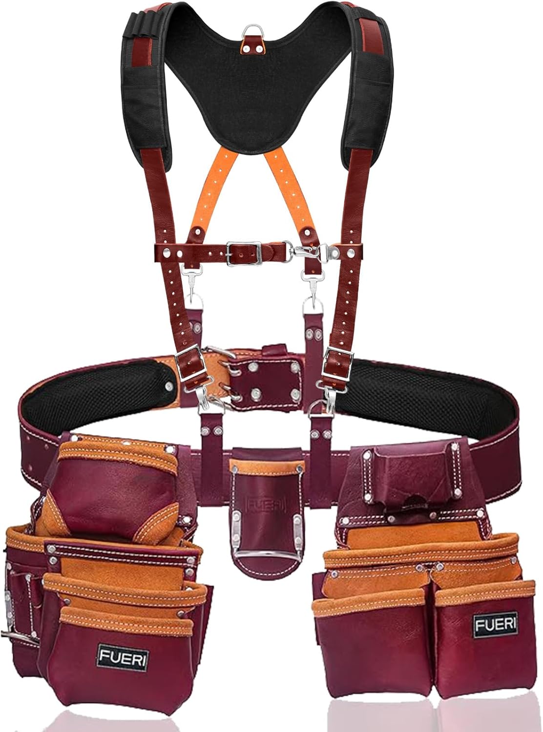 19 Pocket Adjustable Leather Tool Belt with Suspenders for Carpenters, Electricians & Framers