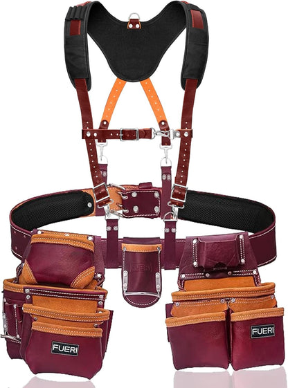 19 Pocket Adjustable Leather Tool Belt with Suspenders for Carpenters, Electricians & Framers
