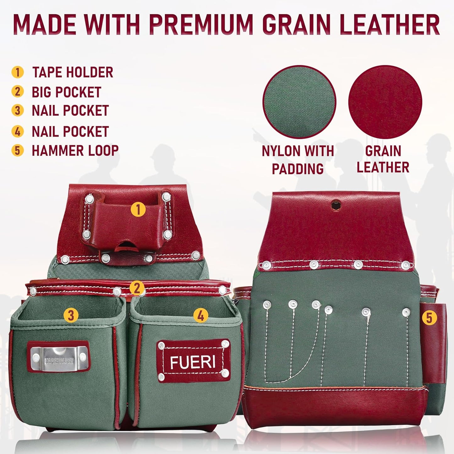 FUERI tool belt material detail showing premium grain leather and 1680-D nylon