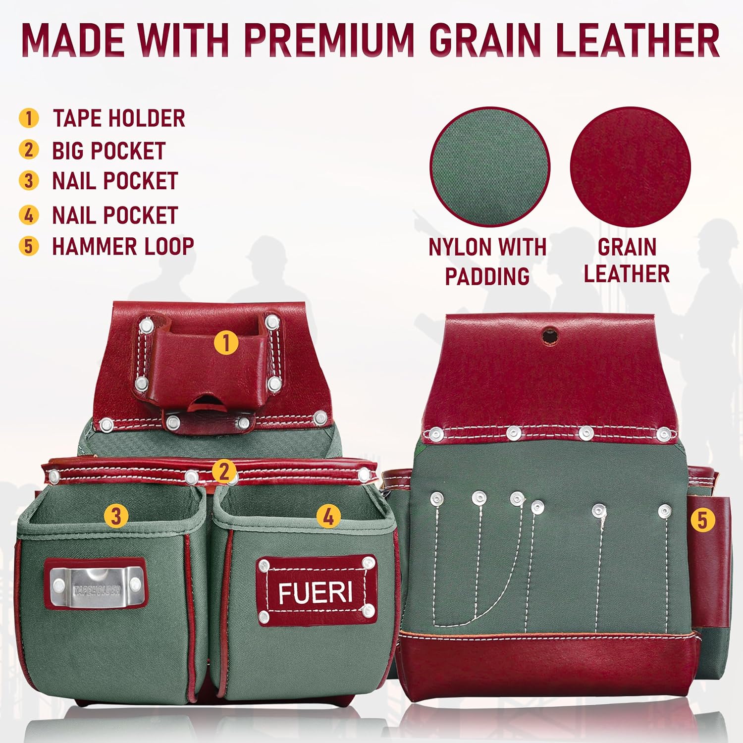 FUERI tool belt material detail showing premium grain leather and 1680-D nylon
