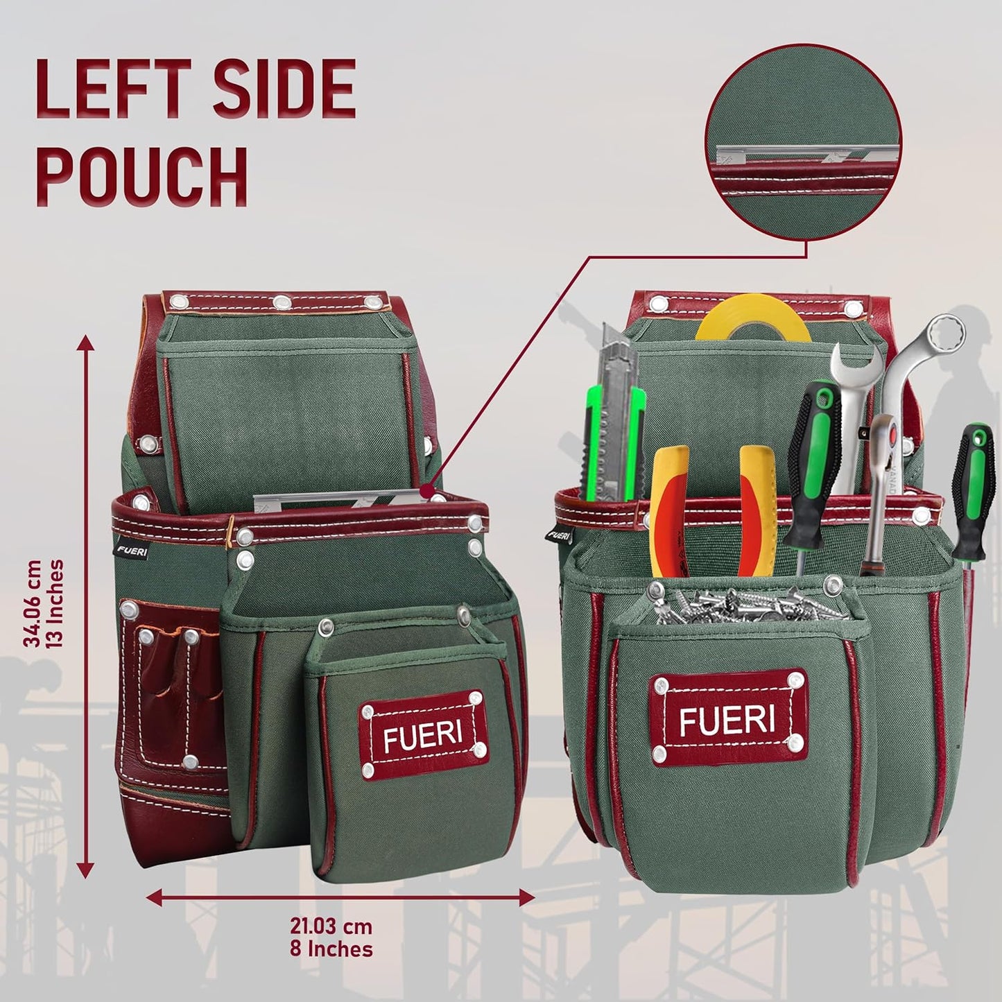Left side pouch of FUERI tool belt showing 3 large pockets and nail pocket