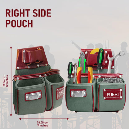 Right side pouch of FUERI tool belt with steel tape holder and hammer loop