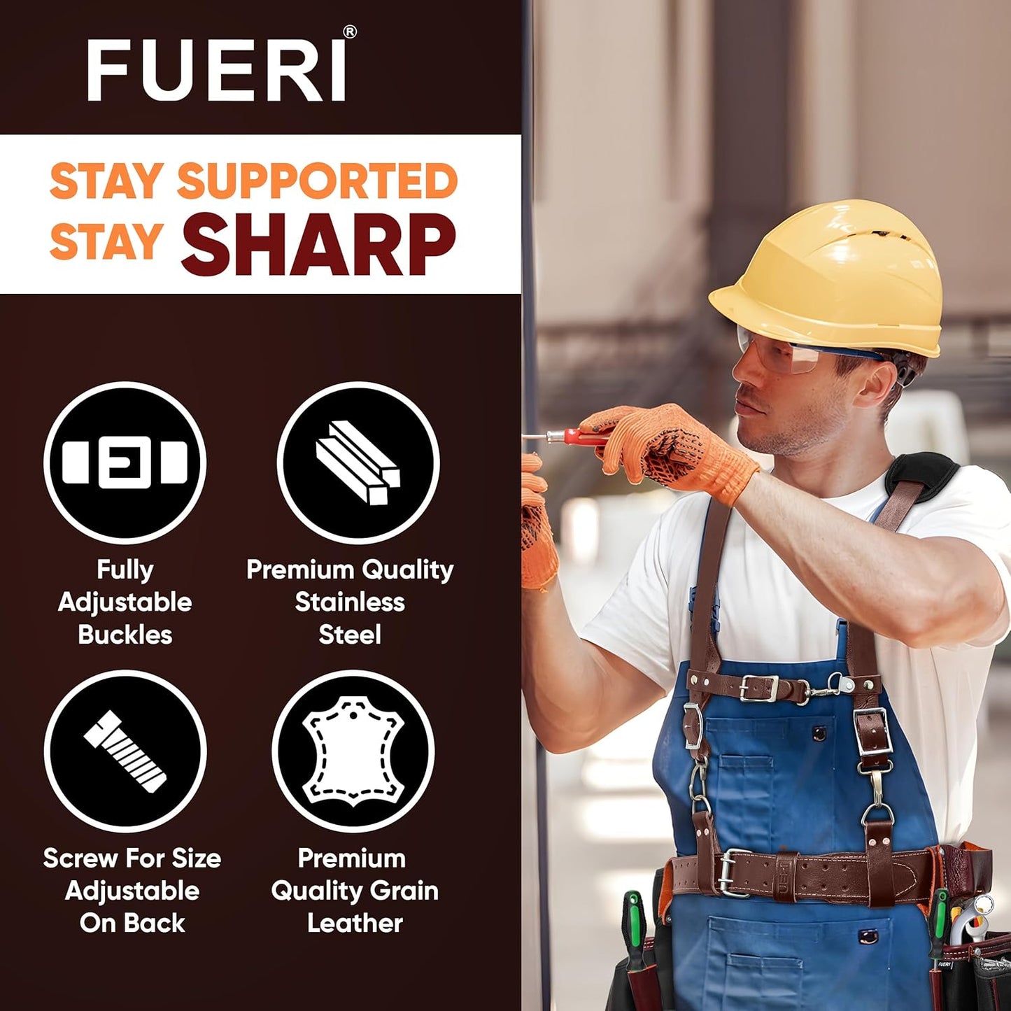 19 Pocket Nylon and Leather Tool Belt with Padded Suspenders for Carpenters,  Electricians, Framers & Construction Pros