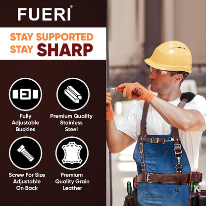 19 Pocket Nylon and Leather Tool Belt with Padded Suspenders for Carpenters,  Electricians, Framers & Construction Pros