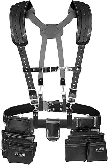 19 Pocket Adjustable Leather Tool Belt with Suspenders for Carpenters, Electricians & Framers