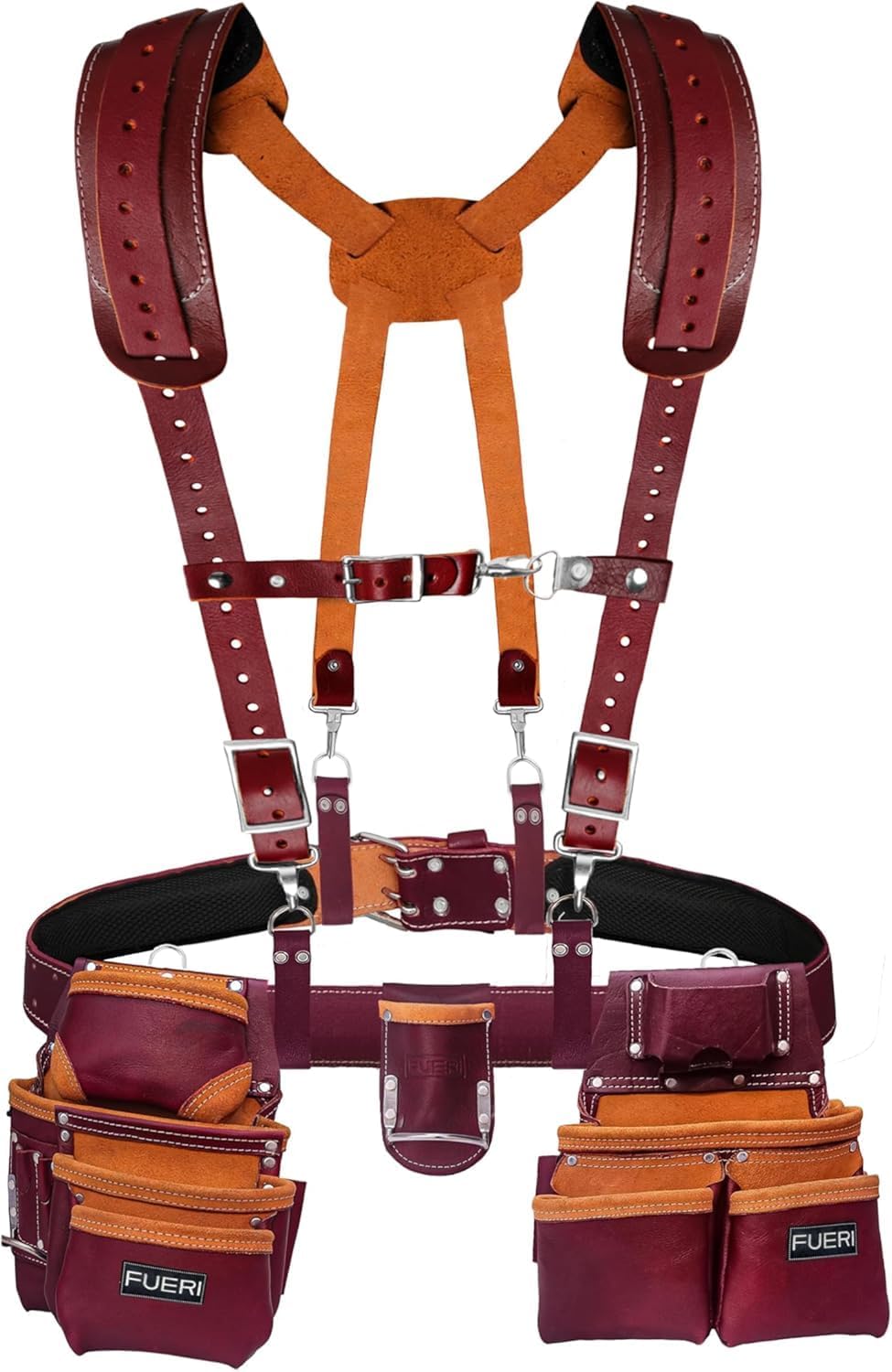 19 Pocket Adjustable Leather Tool Belt with Suspenders for Carpenters, Electricians & Framers