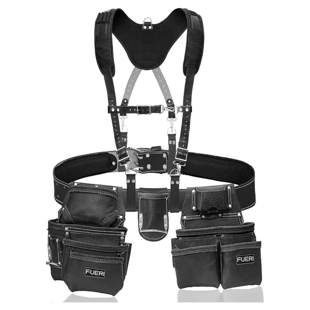 19 Pocket Black Leather Tool Belt With Suspender Bundle | Fueri