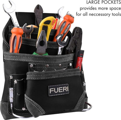 Fueri Black Leather Tool Pouch with Belt (10 & 5 Pockets)