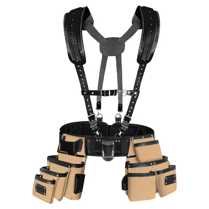 26 Pocket Leather-Nylon Tool Belt with Suspenders for Carpenters, Electricians & Framers