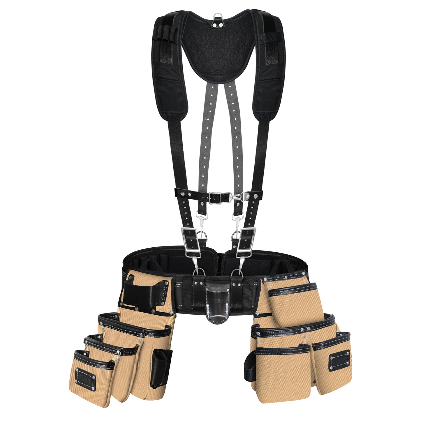 FUERI 26-pocket beige and black leather-nylon tool belt with padded suspenders, double pouches, hammer holder, and tape measure pouch, shown from front view