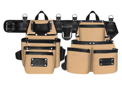 Empty FUERI 26-pocket black and beige leather-nylon carpenter tool belt laid flat showing both pouches, padded belt, and D-rings