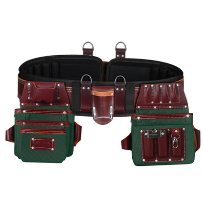 FUERI 26-pocket green and maroon leather carpenter tool belt front view with double pouches, tape holder, nail pockets, and four D-rings for suspenders
