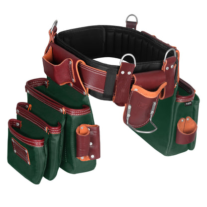 FUERI 26-pocket green and maroon leather-nylon tool belt shown from 3D angled view with padded back belt, D-rings, hammer holder, and tape measure pouch
