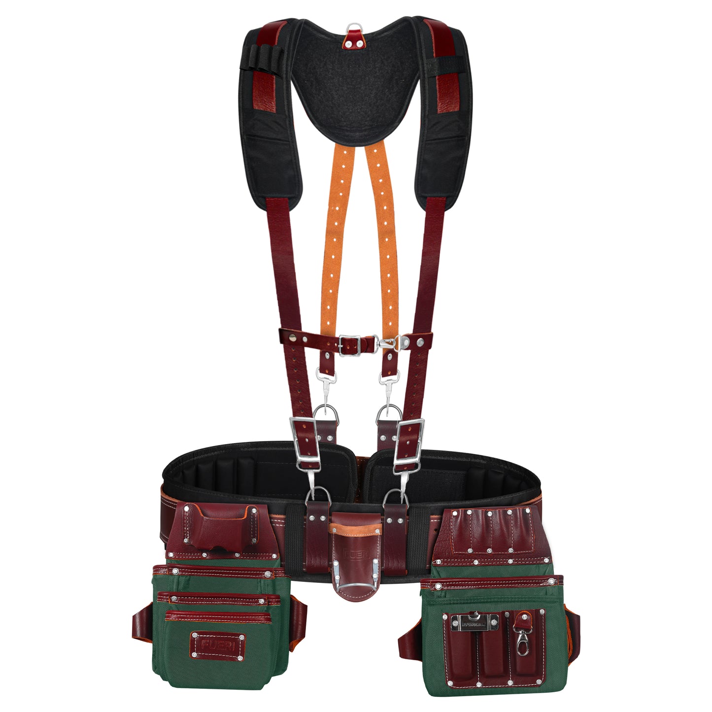 FUERI 26-pocket green and maroon leather-nylon tool belt with fully padded shoulder and back suspenders, chest strap, double pouches, hammer holder, and tape measure pouch