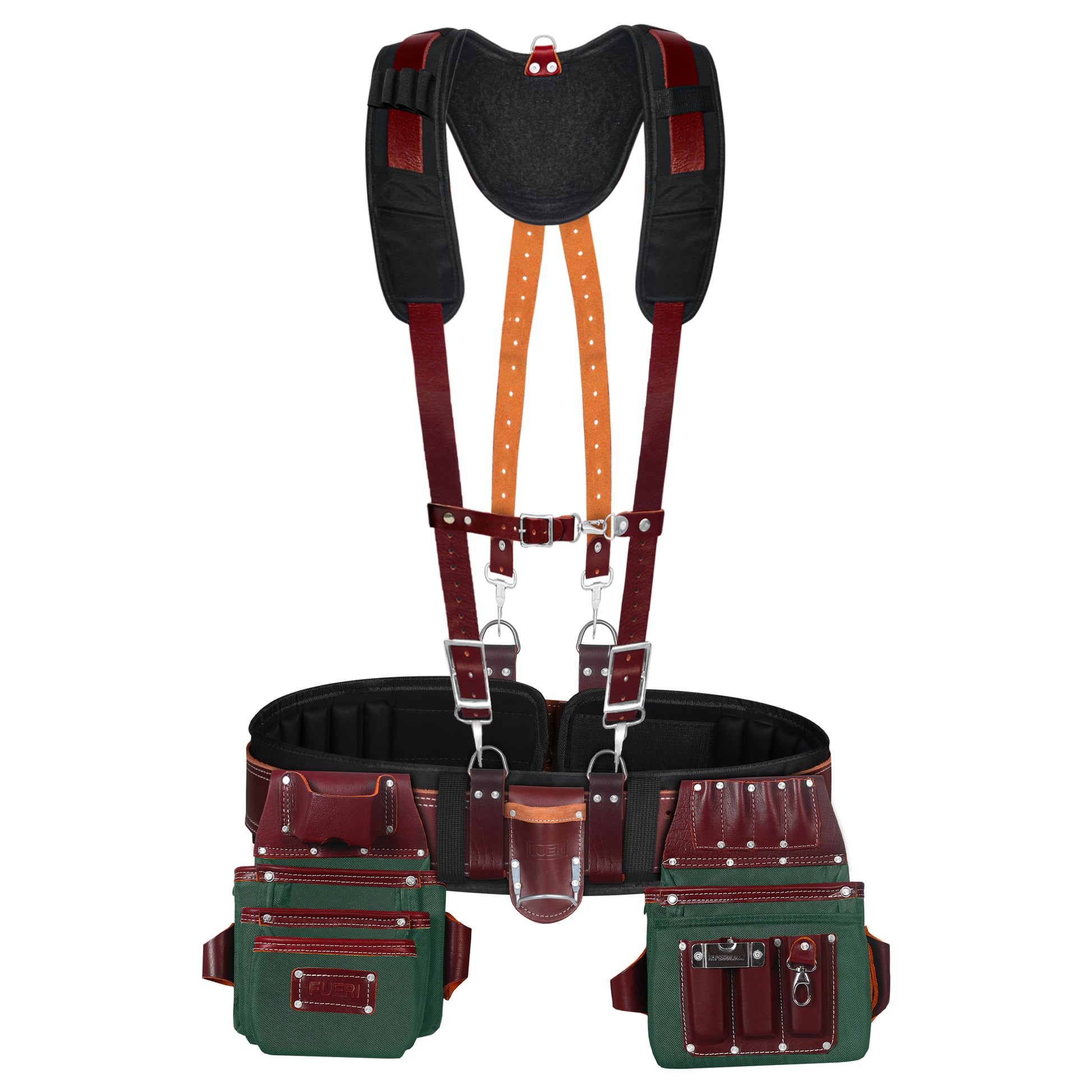  FUERI 26-pocket green and maroon leather-nylon tool belt with fully padded shoulder and back suspenders, chest strap, double pouches, hammer holder, and tape measure pouch