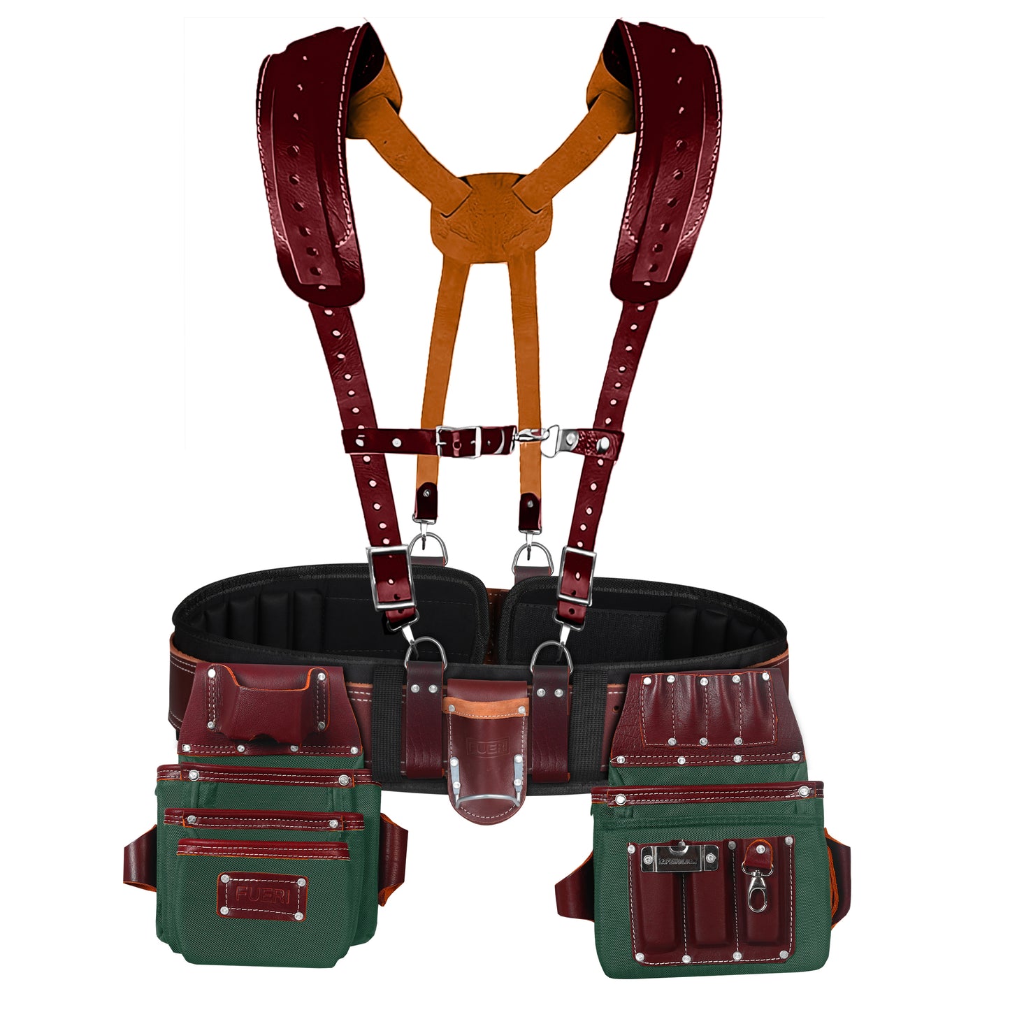 FUERI 26-pocket green and maroon leather-nylon tool belt with padded shoulder suspenders, chest strap, double pouches, hammer holder, and tape measure pouch