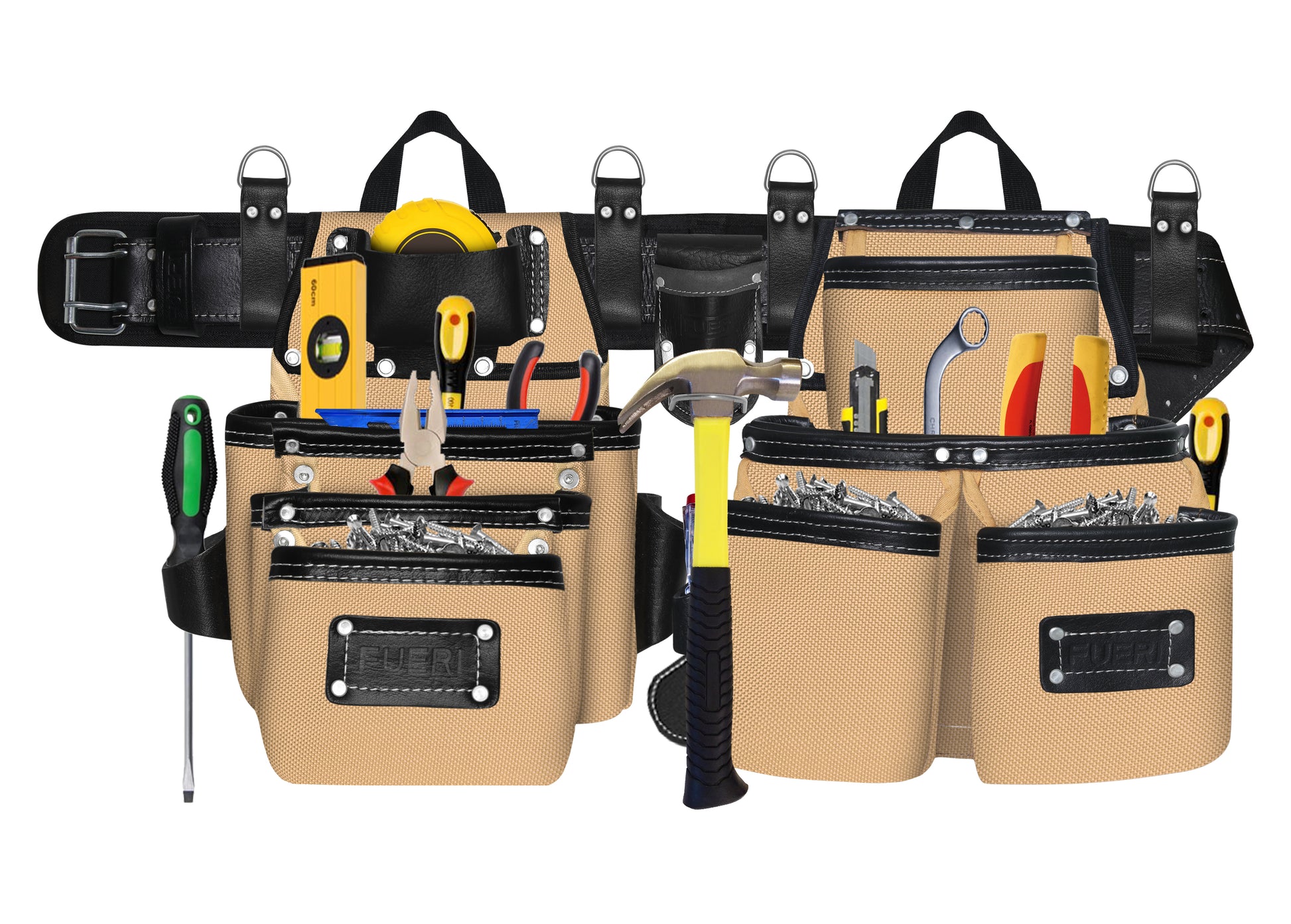 FUERI 26-pocket black and beige leather-nylon tool belt loaded with hammer, level, tape measure, pliers, screwdrivers, and screws