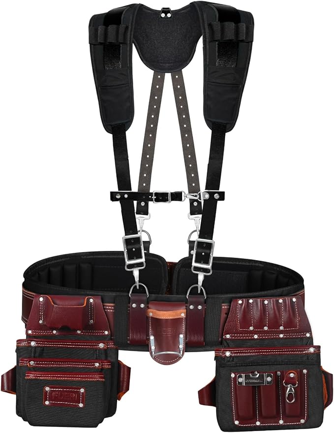 26 Pocket Padded Leather Tool Belt with Suspenders for Carpenters, Electricians & Framers