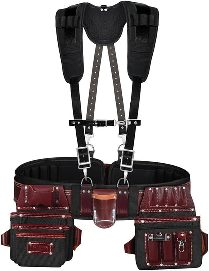26 Pocket Padded Leather Tool Belt with Suspenders for Carpenters, Electricians & Framers