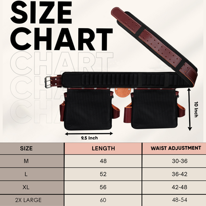 FUERI tool belt size chart with measurements for Medium, Large, X-Large, and 2X-Large