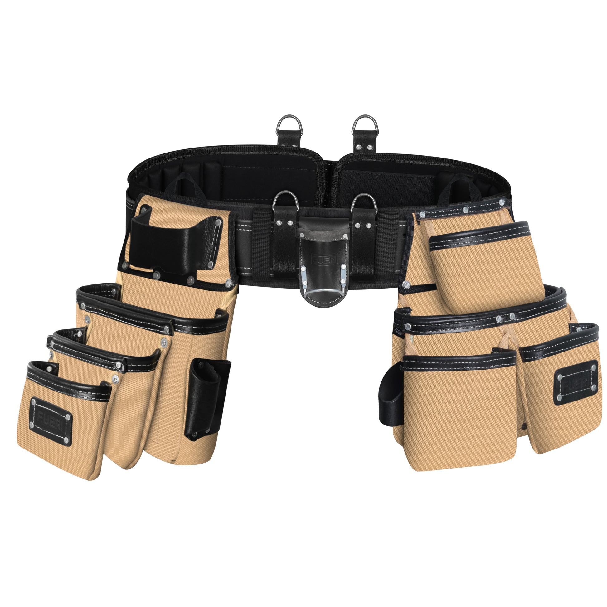 FUERI 26-pocket black and beige padded tool belt rig front view with four D-rings, hammer holder, and tape measure pouch