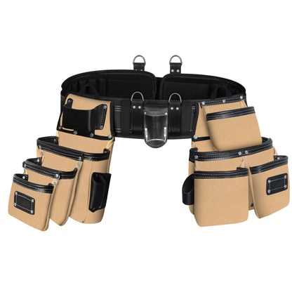 FUERI 26-pocket black and beige padded tool belt rig front view with four D-rings, hammer holder, and tape measure pouch