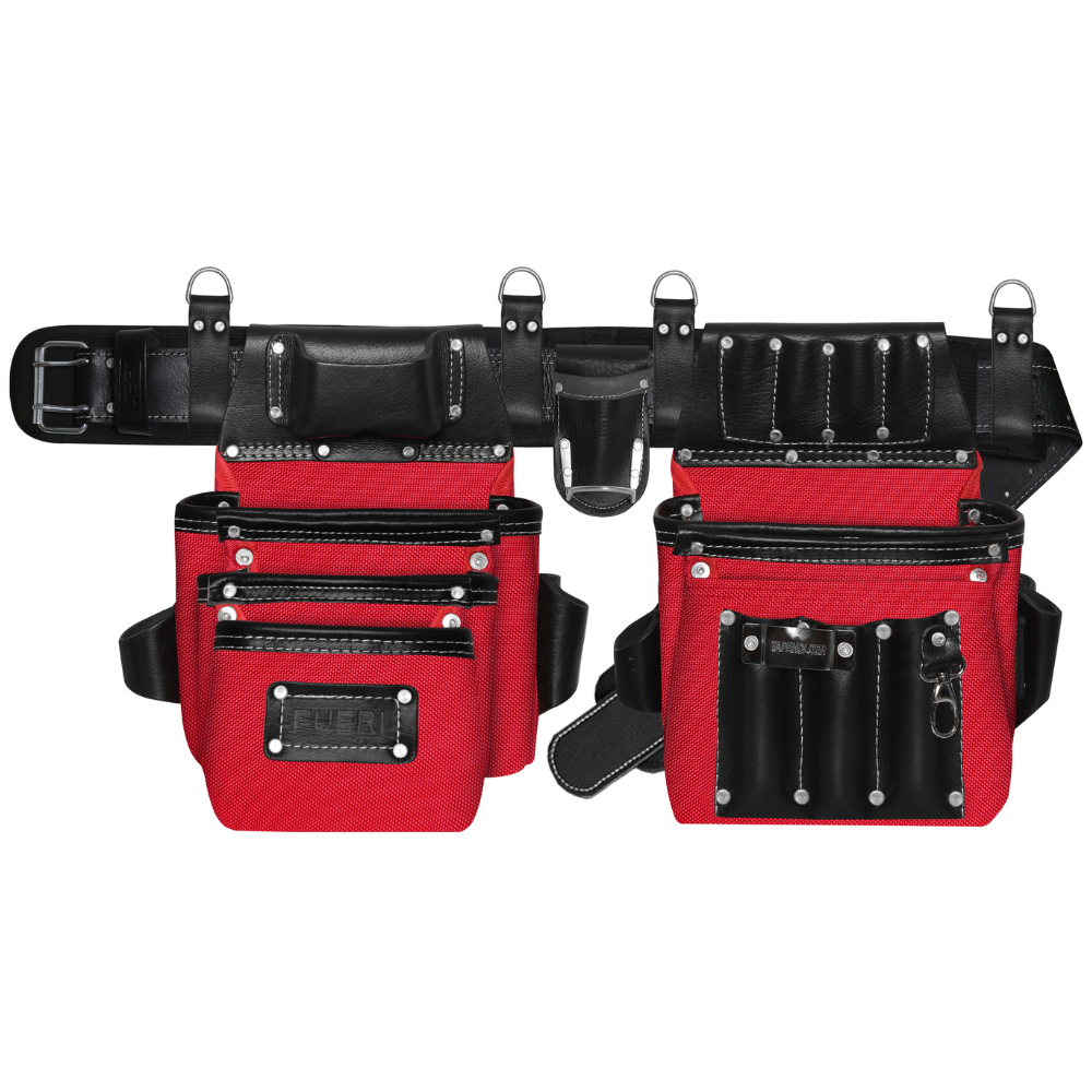 FUERI 26-pocket red and black tool belt rig front view with padded back belt, four D-rings, hammer holder, and tape measure pouch