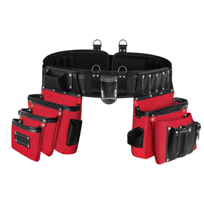 FUERI 26-pocket red nylon and black leather tool belt with double pouches, tape holder, and D-ring suspender loops