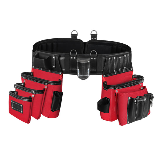 FUERI 26-pocket red nylon and black leather tool belt with double pouches, tape holder, and D-ring suspender loops