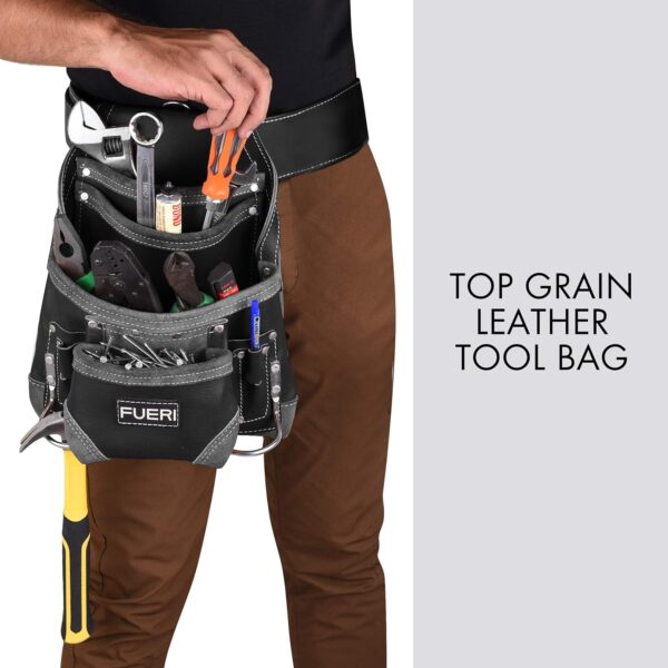 Fueri Black Leather Tool Pouch with Belt (10 & 5 Pockets)