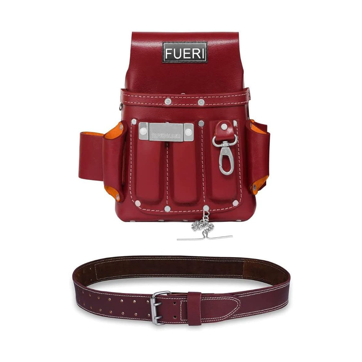 A maroon FUERI non-padded leather tool belt with a 4-pocket electrician tool pouch and an adjustable strap, displayed against a white background.