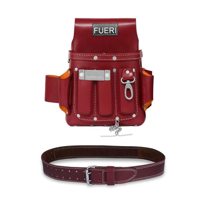 A maroon FUERI non-padded leather tool belt with a 4-pocket electrician tool pouch and an adjustable strap, displayed against a white background.