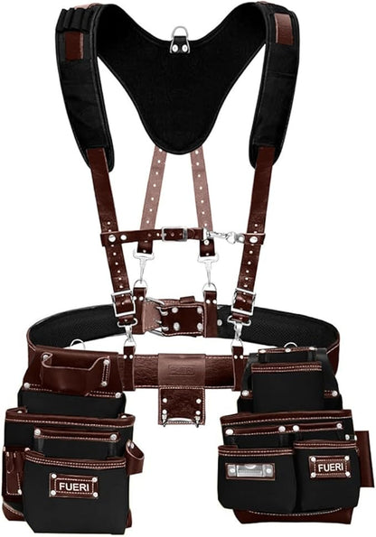 FUERI Tool Belt with Suspenders Heavy Duty Bags Pouches for Men Construction Carpenter Electrician Framer Work - Black & Brown