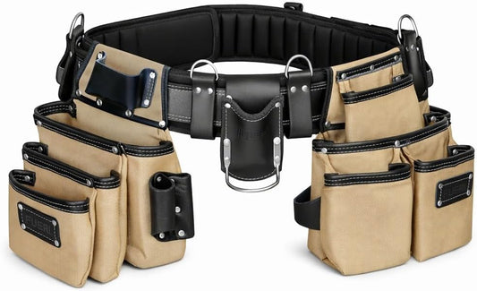 FUERI Nylon & Leather Tool Belt | Heavy Duty 19 Pockets with Foam Padded Belt & Suspenders Loops for Carpenters, Framers, Electricians