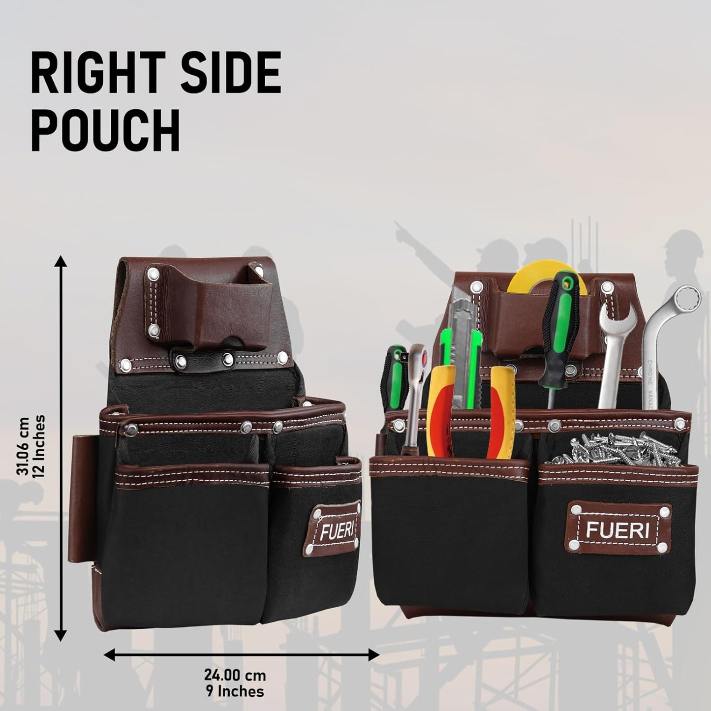 FUERI Tool Belt with Suspenders Heavy Duty Bags Pouches for Men Construction Carpenter Electrician Framer Work - Black & Brown