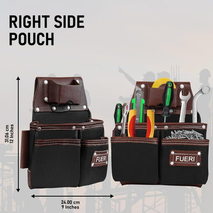 FUERI Tool Belt with Suspenders Heavy Duty Bags Pouches for Men Construction Carpenter Electrician Framer Work - Black & Brown