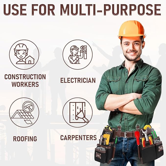 FUERI Tool Belt with Suspenders Heavy Duty Bags Pouches for Men Construction Carpenter Electrician Framer Work - Black & Brown
