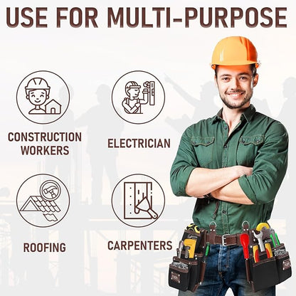 FUERI Tool Belt with Suspenders Heavy Duty Bags Pouches for Men Construction Carpenter Electrician Framer Work - Black & Brown