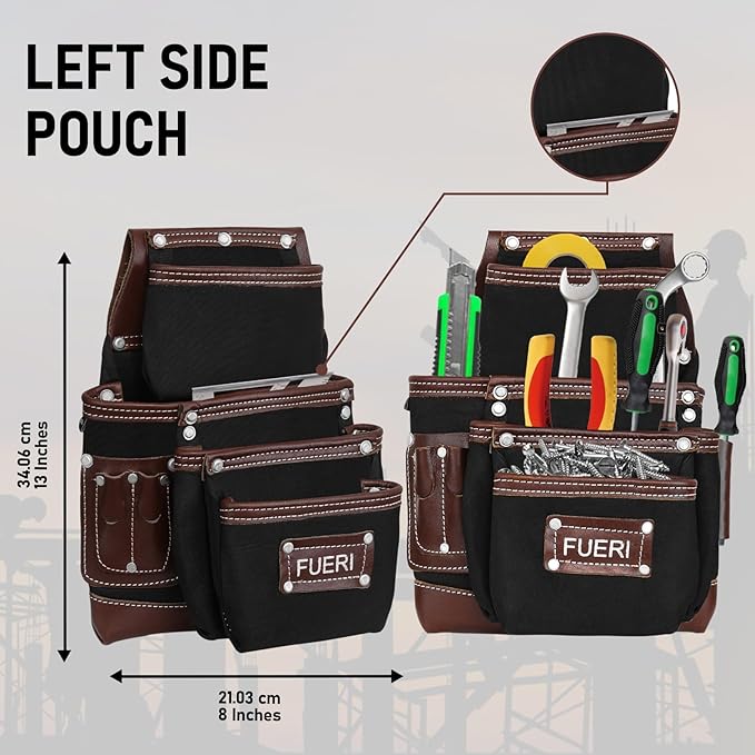 FUERI Tool Belt with Suspenders Heavy Duty Bags Pouches for Men Construction Carpenter Electrician Framer Work - Black & Brown