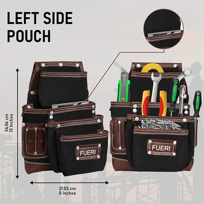 FUERI Tool Belt with Suspenders Heavy Duty Bags Pouches for Men Construction Carpenter Electrician Framer Work - Black & Brown