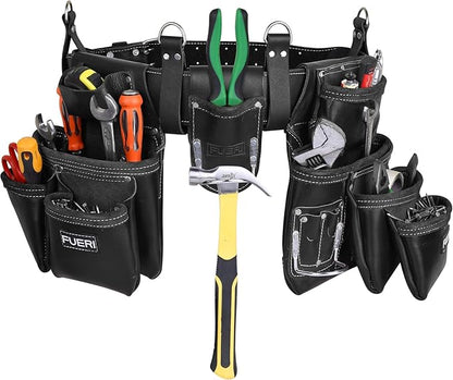 FUERI Leather Tool Belt With Suspender Heavy Duty Carpenter Construction Electrician Pouches Bags Holder Organizer Set