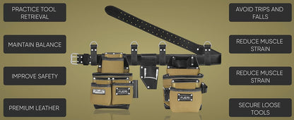 FUERI Nylon & Leather Tool Belt | Heavy Duty 19 Pockets with Foam Padded Belt & Suspenders Loops for Carpenters, Framers, Electricians