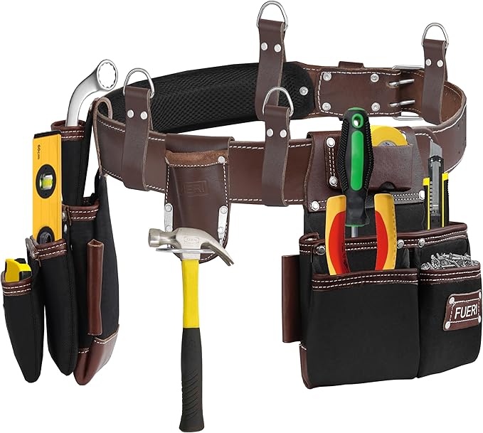 FUERI Tool Belt with Suspenders Heavy Duty Bags Pouches for Men Construction Carpenter Electrician Framer Work - Black & Brown