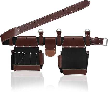 FUERI Tool Belt with Suspenders Heavy Duty Bags Pouches for Men Construction Carpenter Electrician Framer Work - Black & Brown